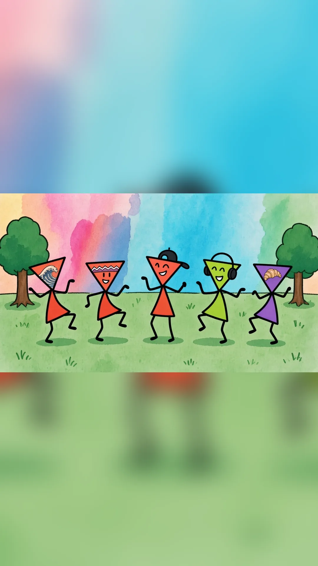 Illustrated triangle-headed crew dancing